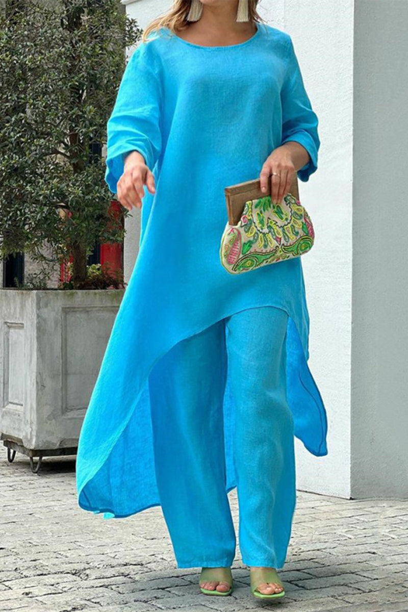 Magdalena | Casual solid color asymmetrical long sleeve O-neck two piece suit