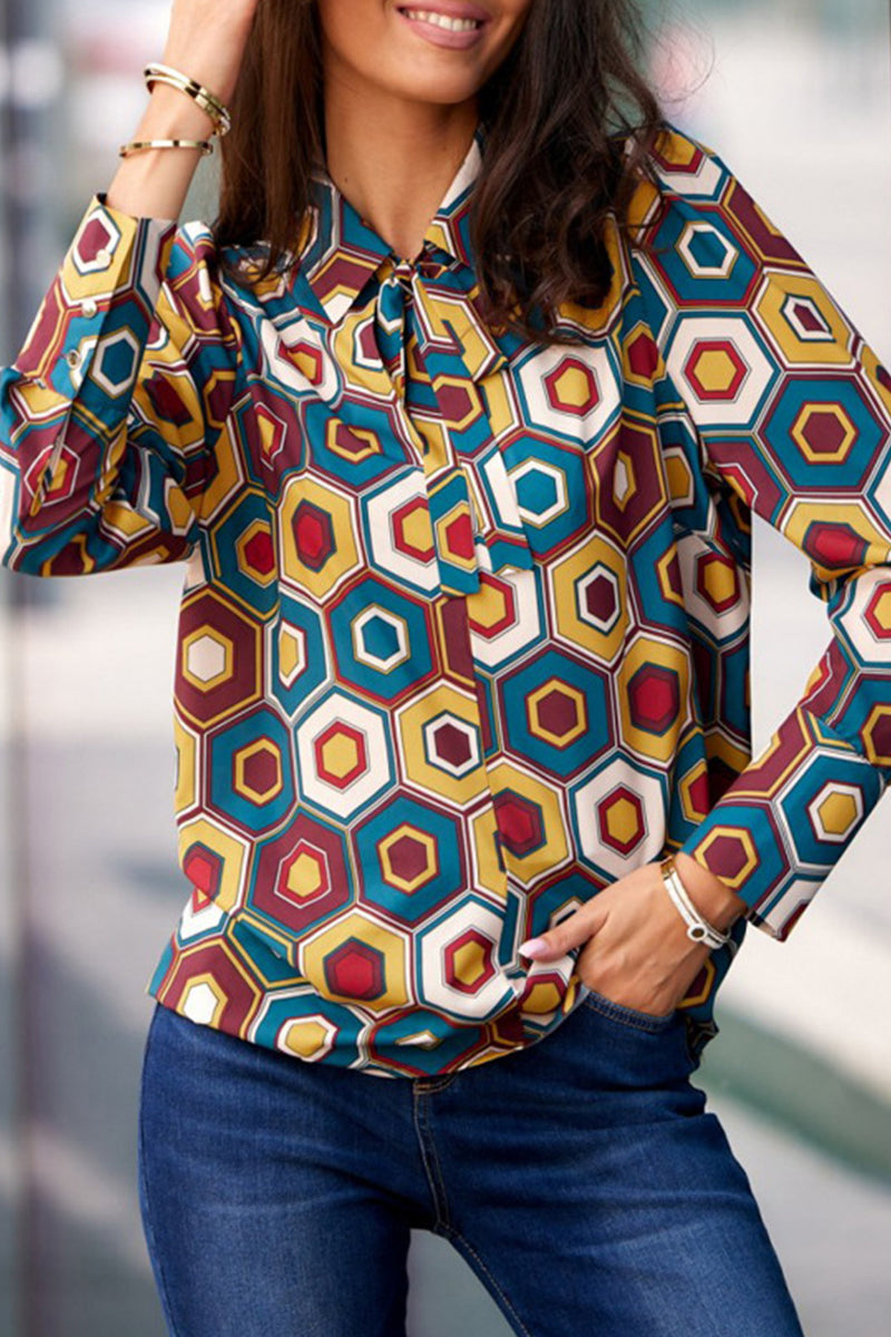Tatiana | Elegant printed patchwork shirt collar tops