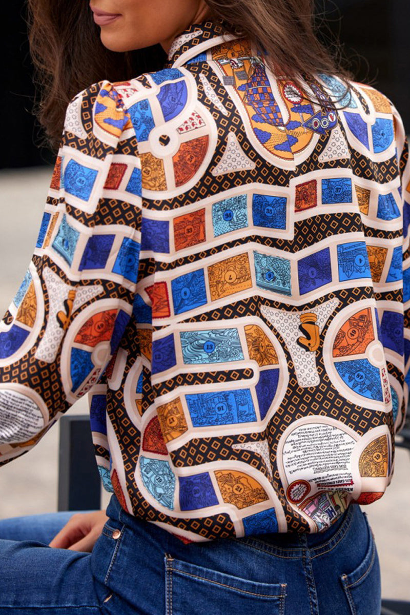 Tatiana | Elegant printed patchwork shirt collar tops