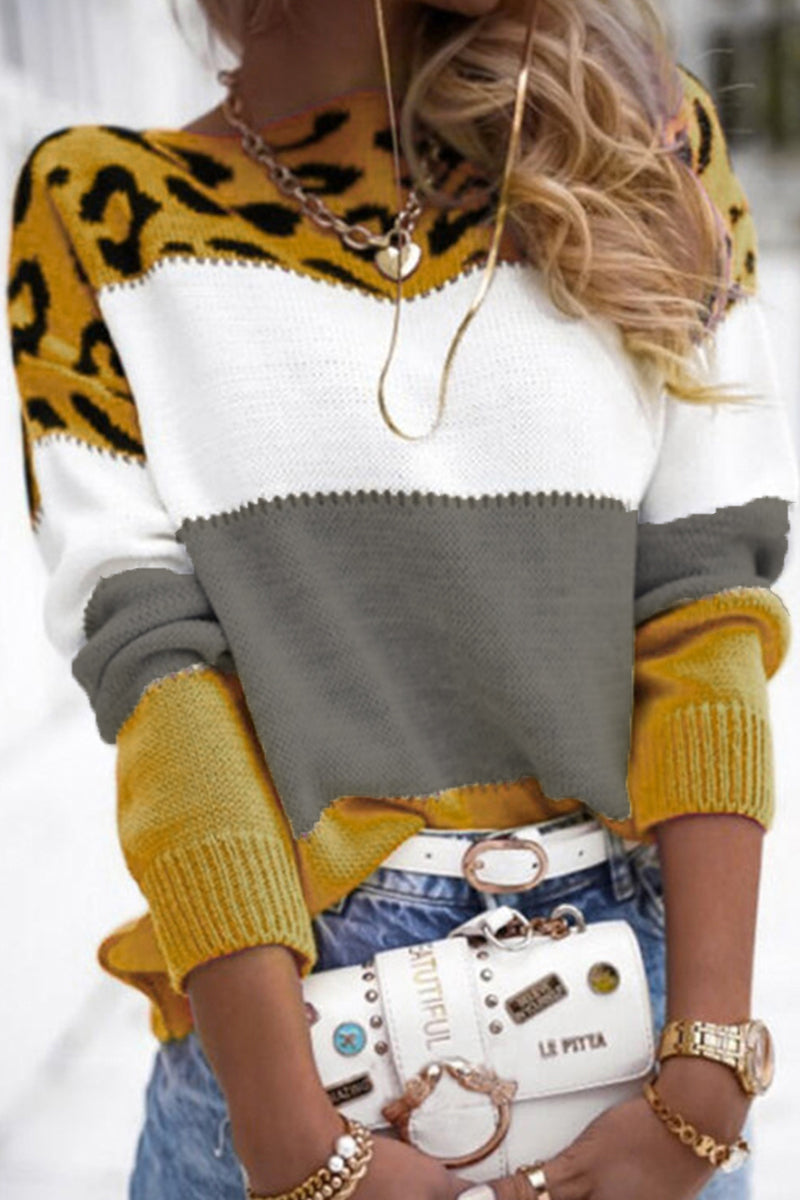 Antonia | Casual leopard color block contrast O-neck sweaters