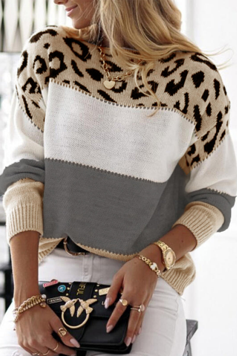 Antonia | Casual leopard color block contrast O-neck sweaters