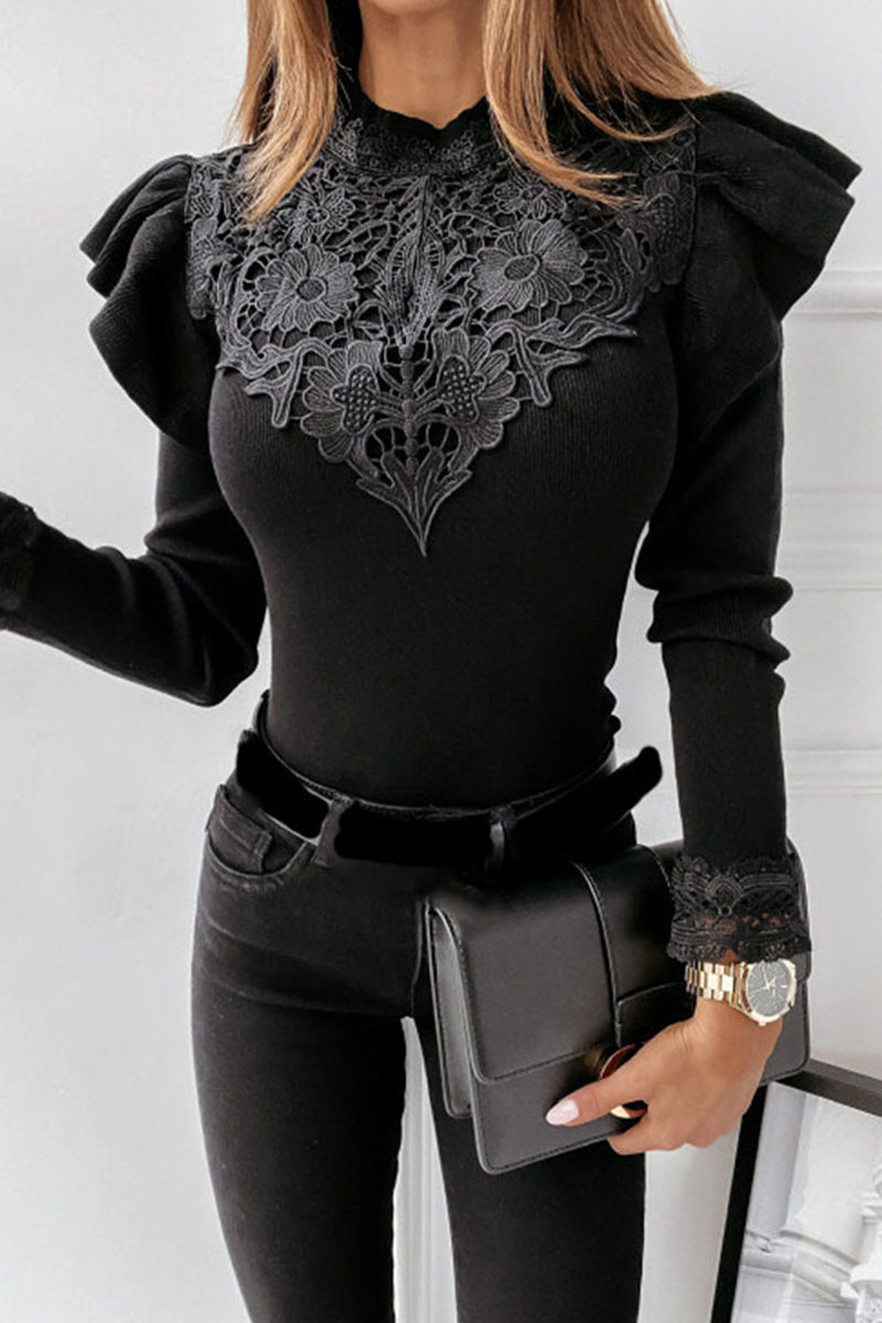Corina | Elegant solid color mid-length lace turtleneck tops
