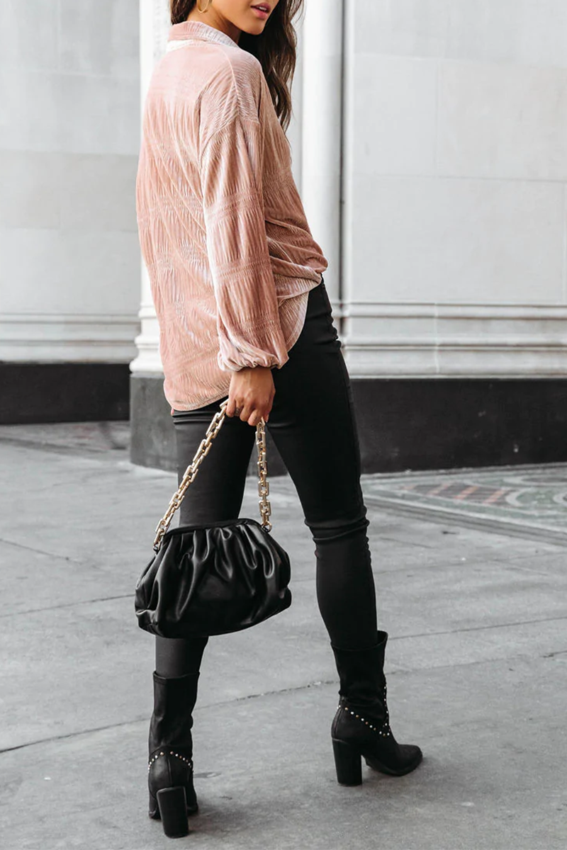 Ema | Casual, solid patchwork tops with a turn-down collar