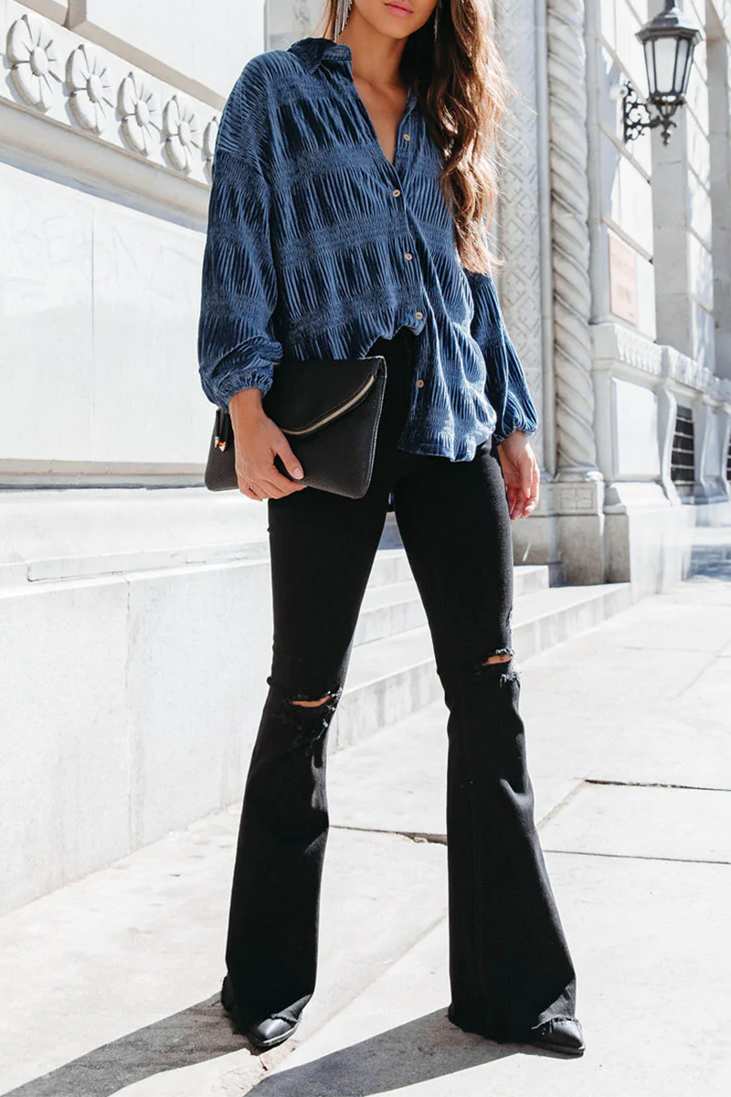 Ema | Casual, solid patchwork tops with a turn-down collar