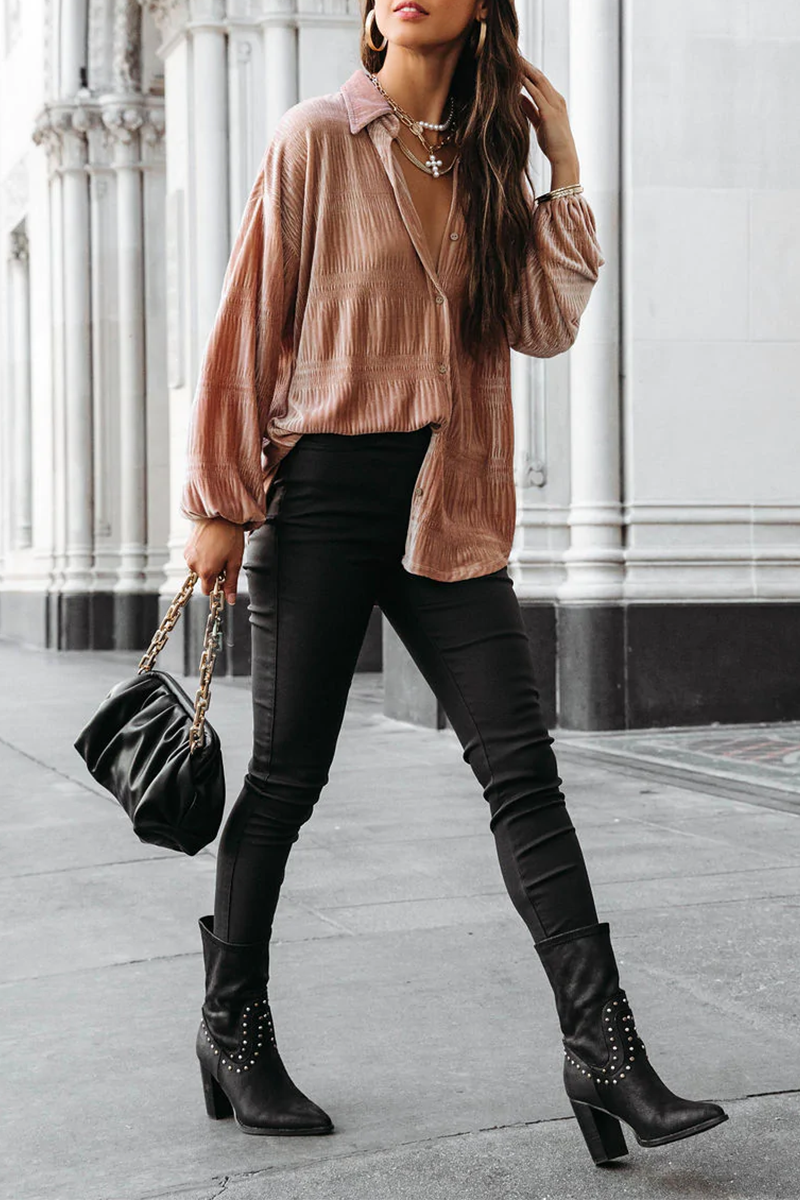 Ema | Casual, solid patchwork tops with a turn-down collar
