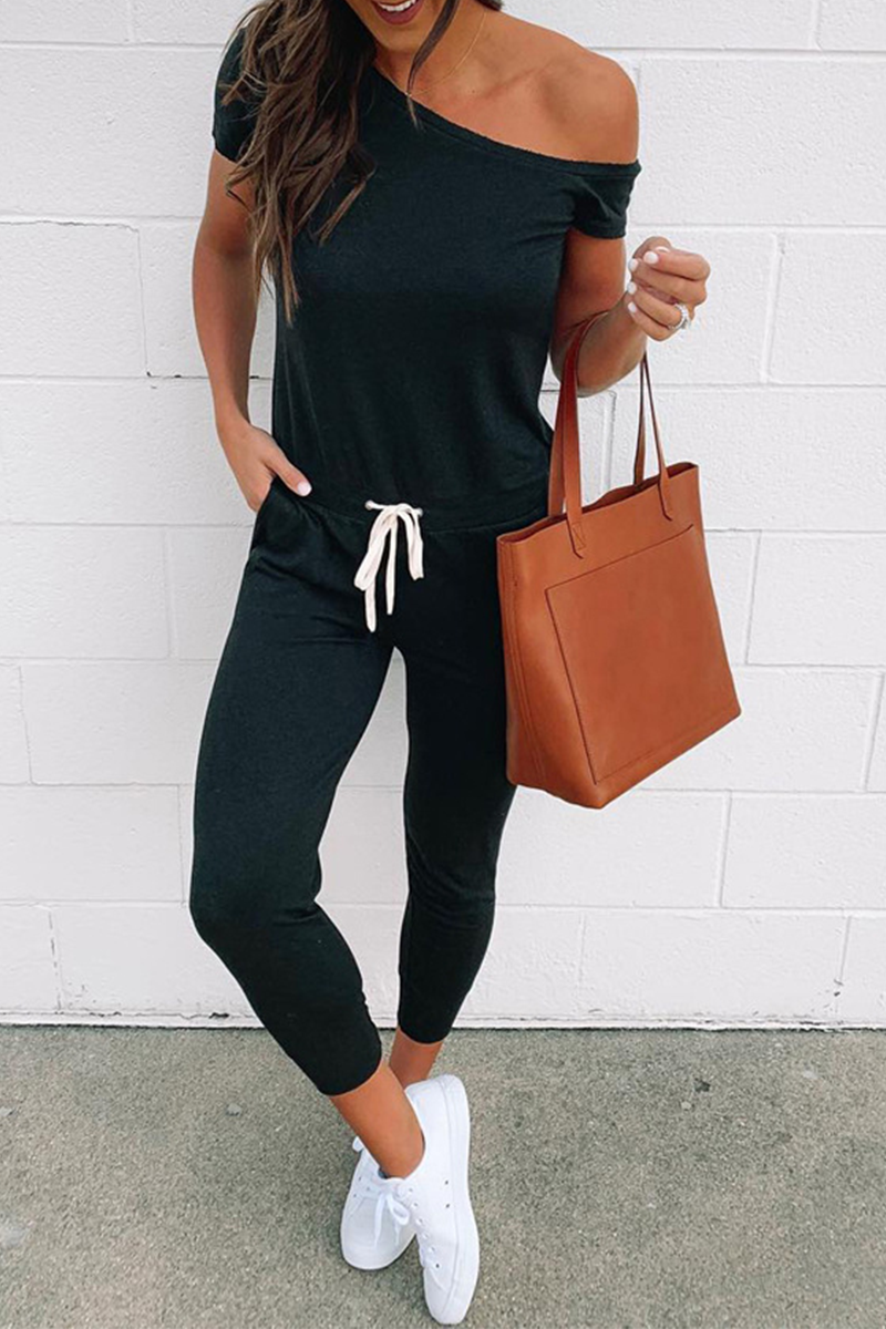 Flavia | Casual Solid Color Drawstring One Shoulder Skinny Jumpsuits