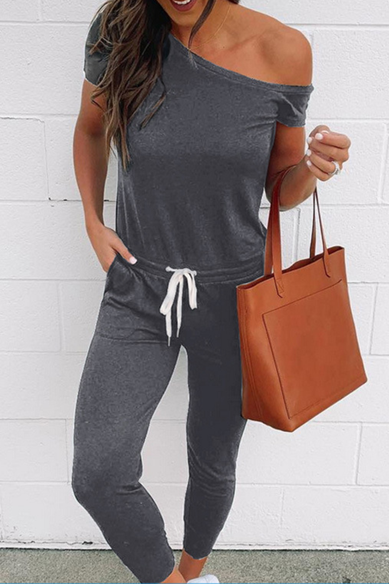 Flavia | Casual Solid Color Drawstring One Shoulder Skinny Jumpsuits