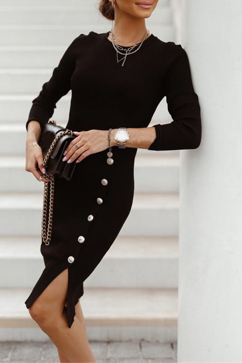 Felicidad | Street Solid Buckle O-Neck Pencil Skirt Dresses