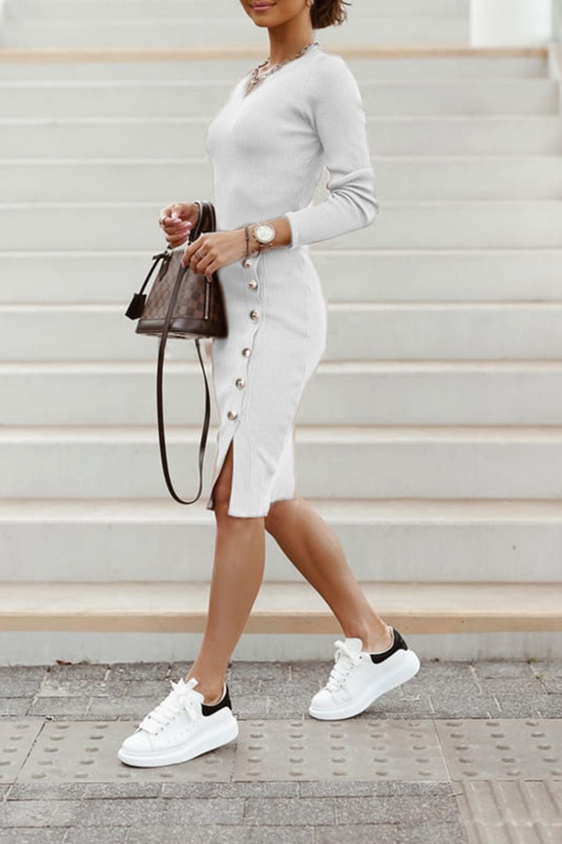 Felicidad | Street Solid Buckle O-Neck Pencil Skirt Dresses