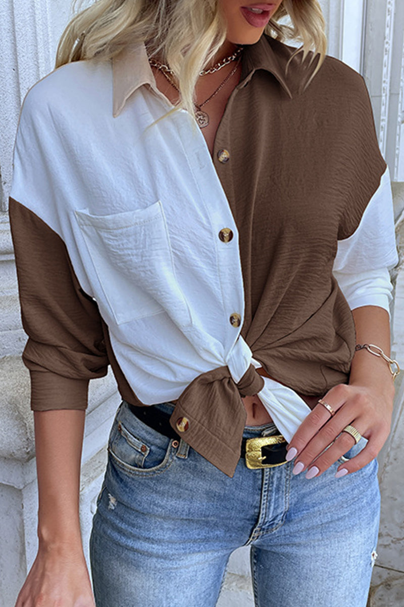 Marta® | Elegant Turtleneck Blouse With Color Block Patchwork