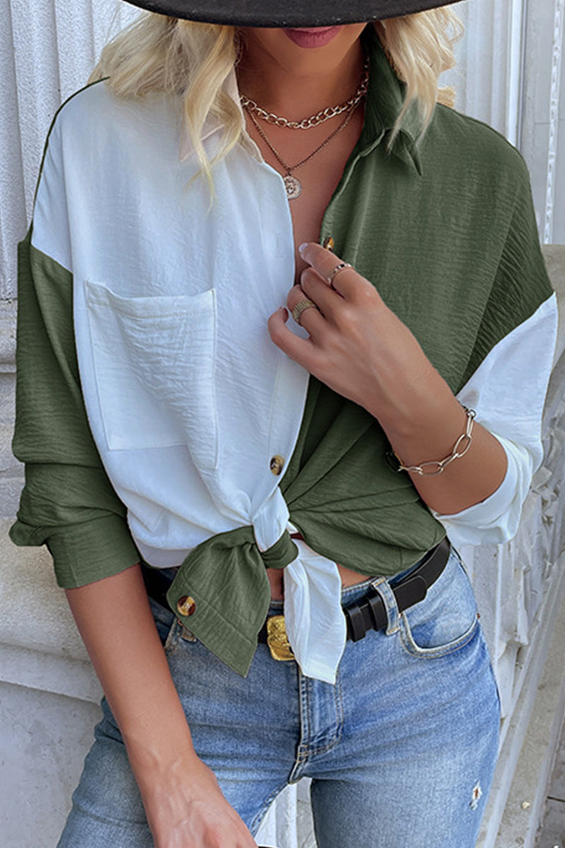 Marta® | Elegant Turtleneck Blouse With Color Block Patchwork