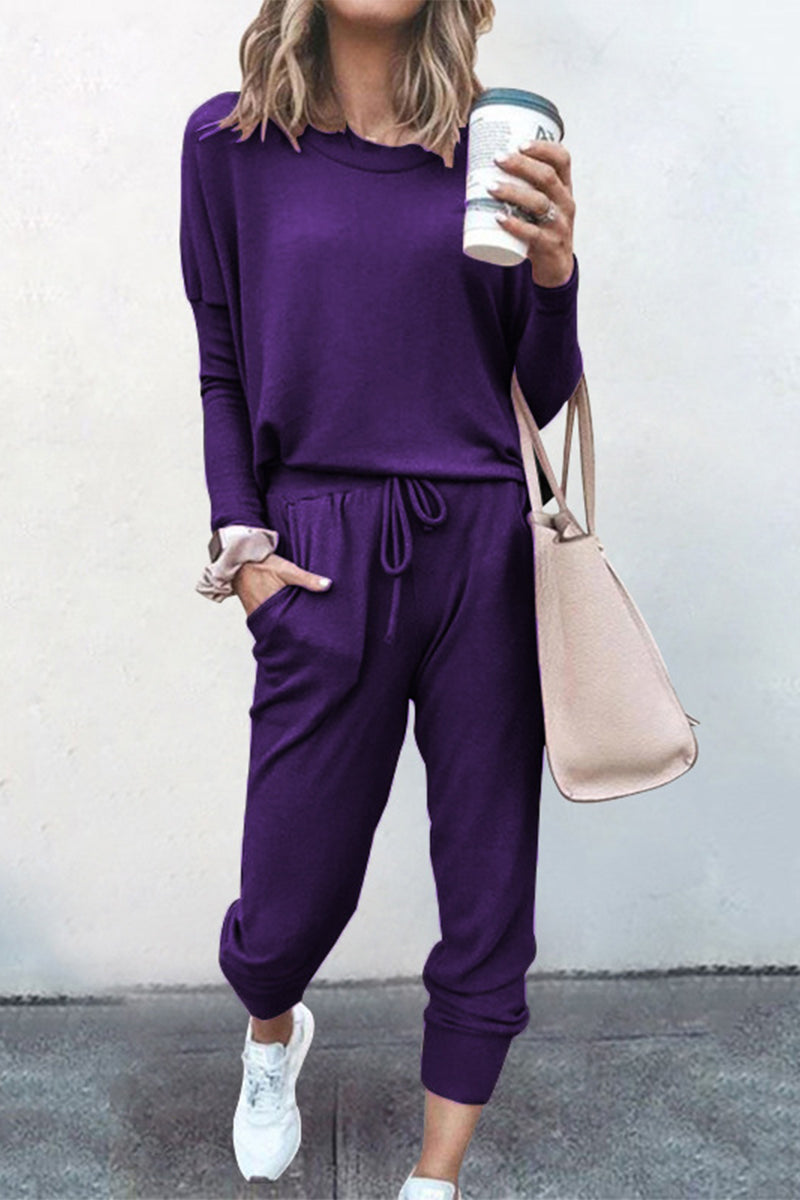 Guillermina | Casual solid color asymmetrical long sleeve O-neck two piece suit