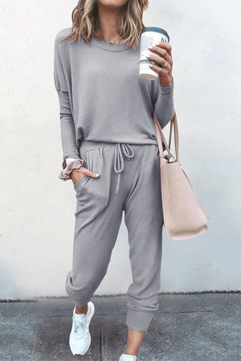 Guillermina | Casual solid color asymmetrical long sleeve O-neck two piece suit