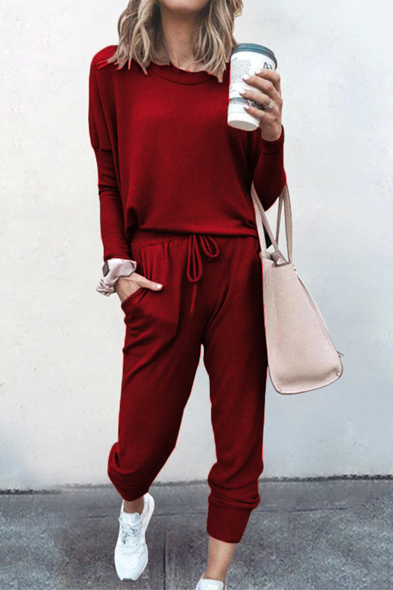 Guillermina | Casual solid color asymmetrical long sleeve O-neck two piece suit