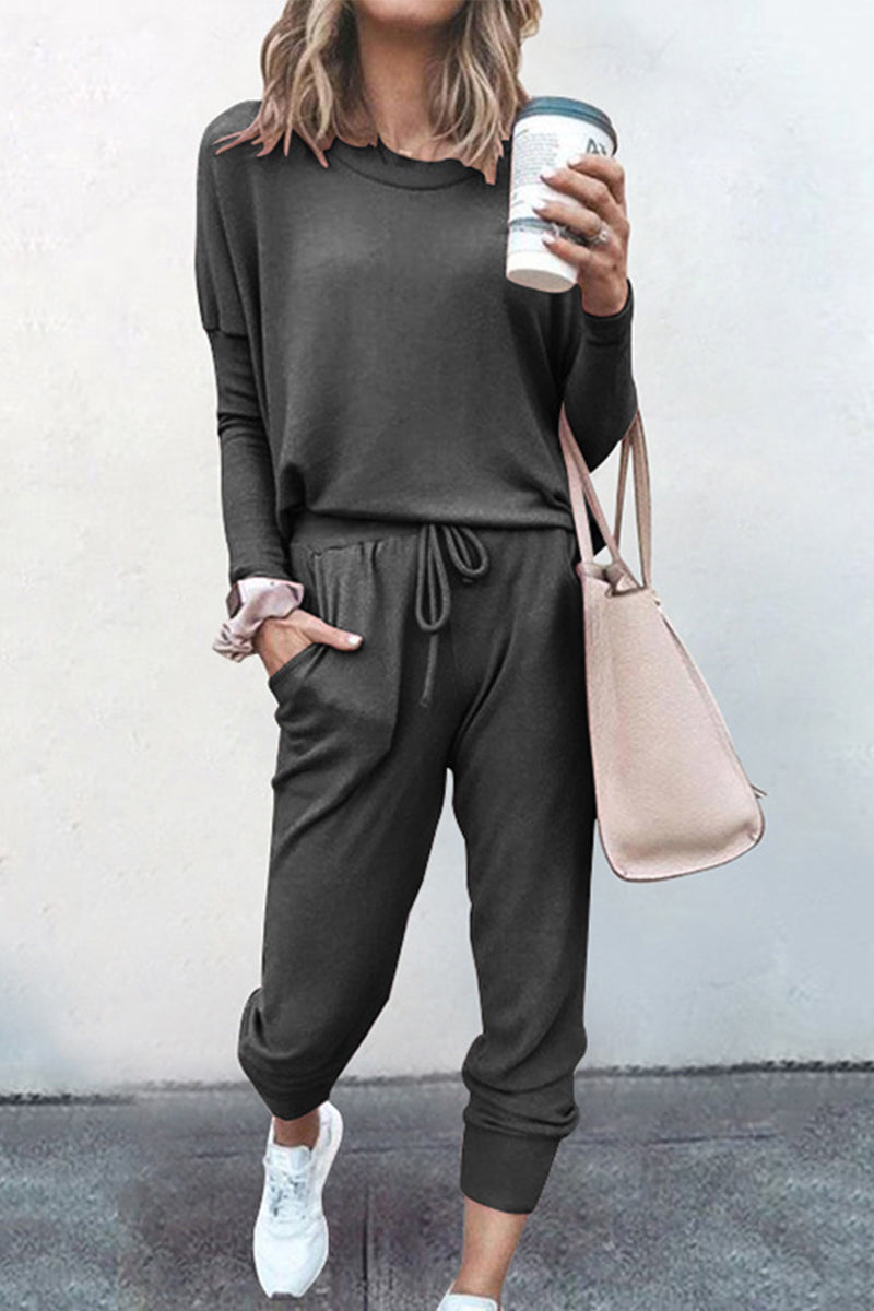 Guillermina | Casual solid color asymmetrical long sleeve O-neck two piece suit