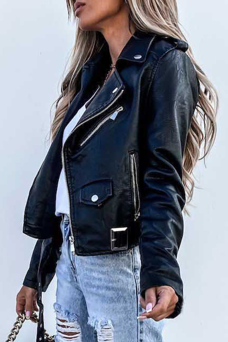 Hortensia | Street solid outerwear with zip fastening and turn-down collar