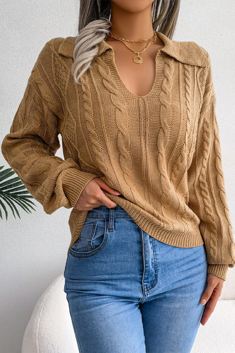 Serena® | Elegant Long-Sleeved Knitted Blouse With U-Neck And Turn-Down Collar
