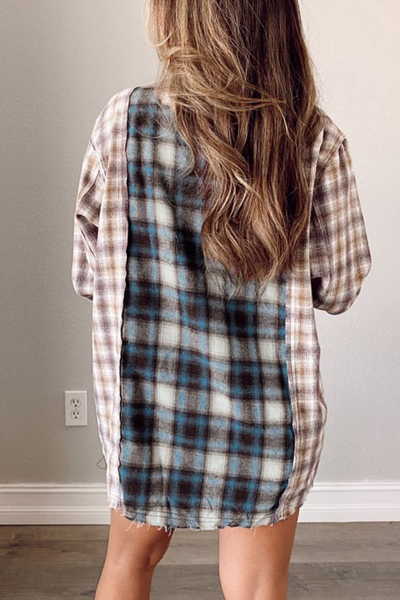 Iliana | Casual checked patchwork tops with turn-down collar