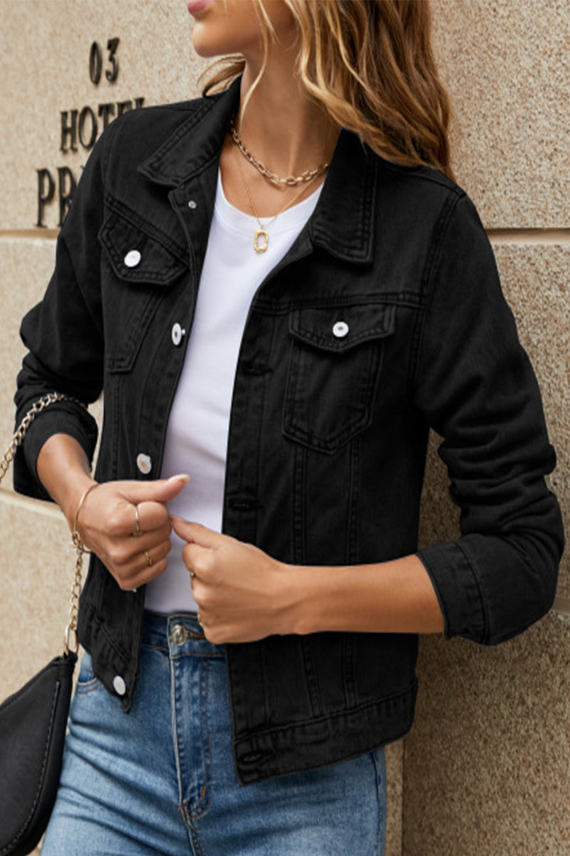 Jesica | Street-chic, solid color, long-sleeved denim jacket with turn-down collar and regular pocket