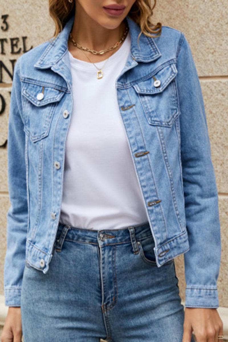 Jesica | Street-chic, solid color, long-sleeved denim jacket with turn-down collar and regular pocket