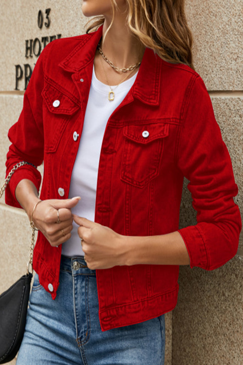 Jesica | Street-chic, solid color, long-sleeved denim jacket with turn-down collar and regular pocket