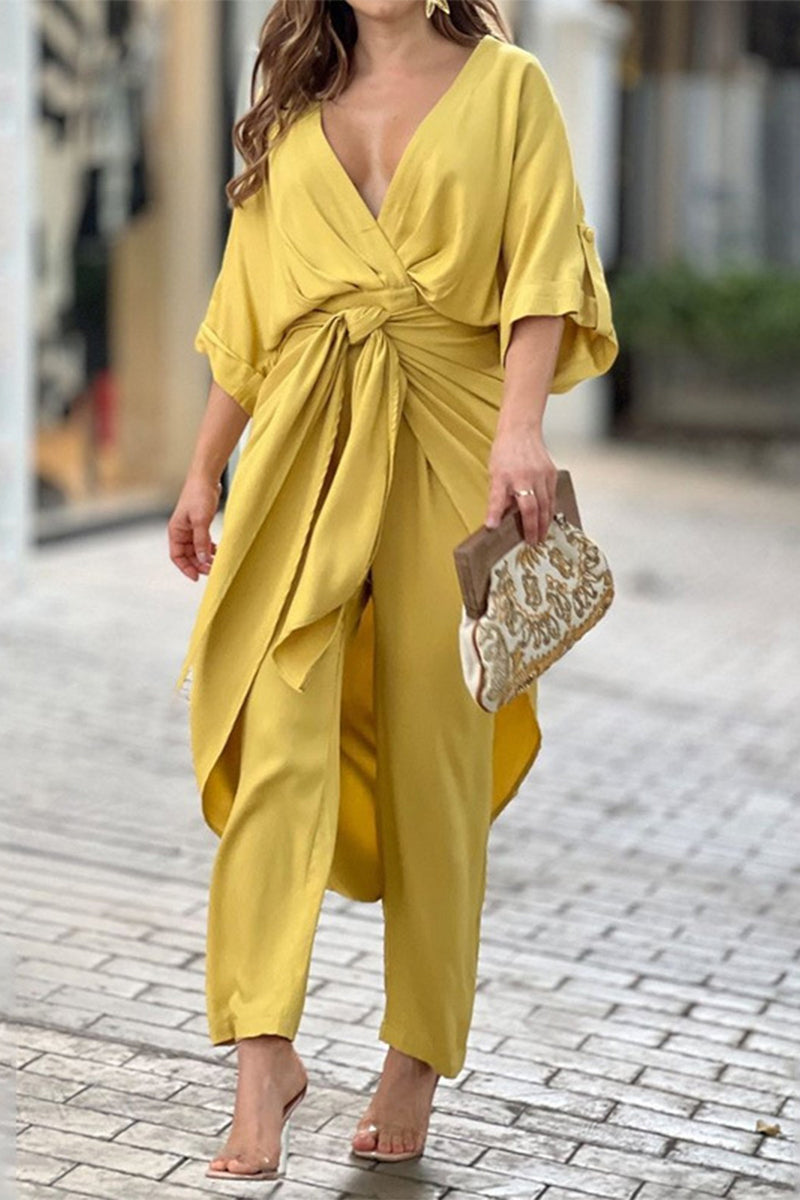 Johana | Casual solid color regular jumpsuits with frenulum and V-neck