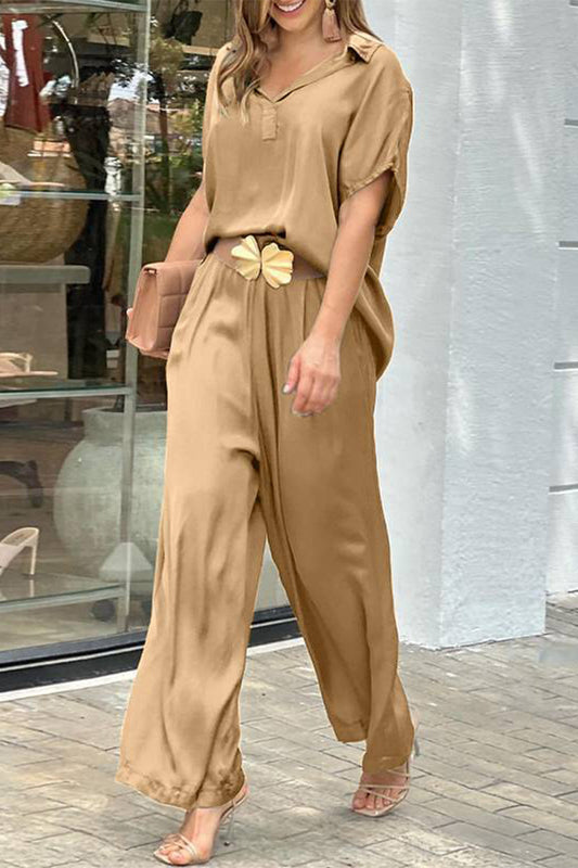 Kimberly | Casual simplicity, solid color, no belt, V-neck, short sleeves, two-piece