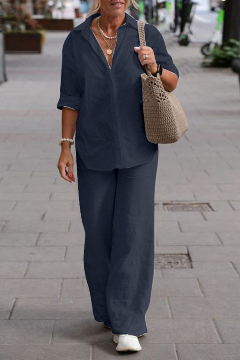 Laura | Casual Street Solid Solid Color Turndown Collar Long Sleeve Two Pieces