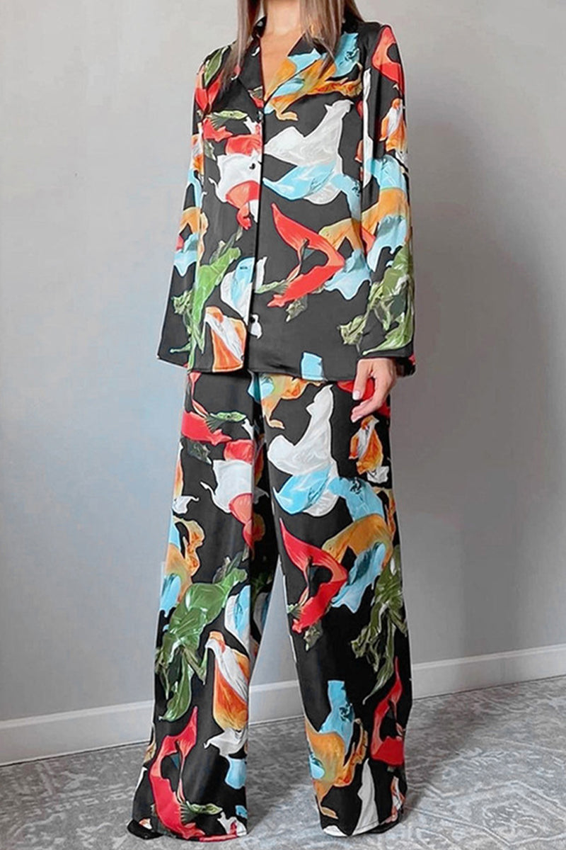 Leticia | Casual Living Geometric Patchwork Turn-Down Collar Long Sleeve Two Piece Set