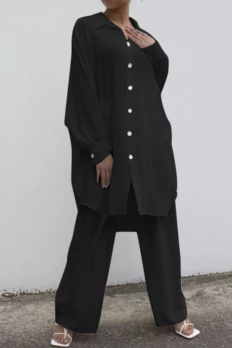 Lina | Casual two-piece suit with a fixed buckle turn-down collar and long sleeves