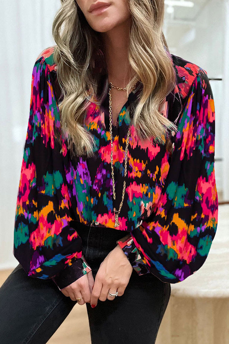 Lorena | Elegant printed patchwork V-neck tops for work