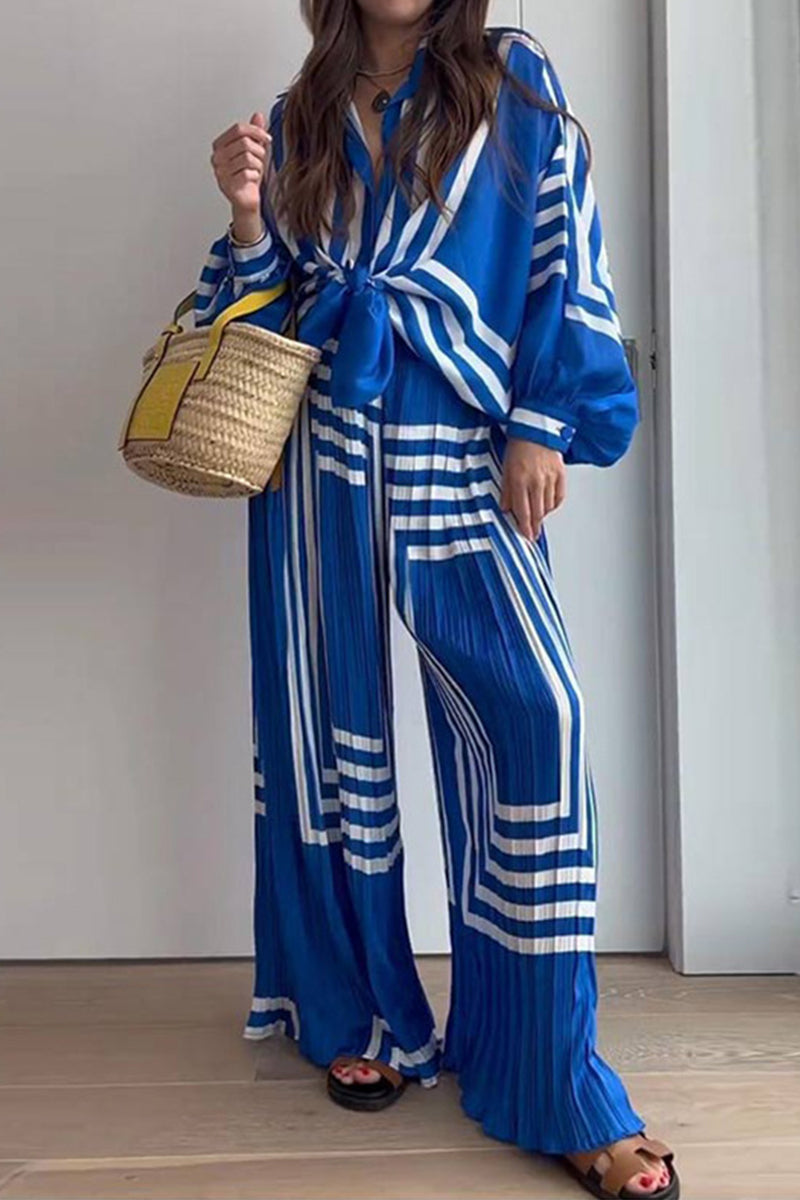 Manuela | Casual striped patchwork two-piece suit with V-neck and long sleeves