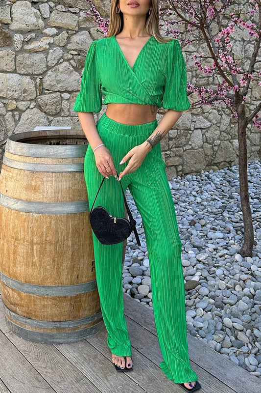 Loris® | Elegant Half-Sleeve Crop Top And Pants Set
