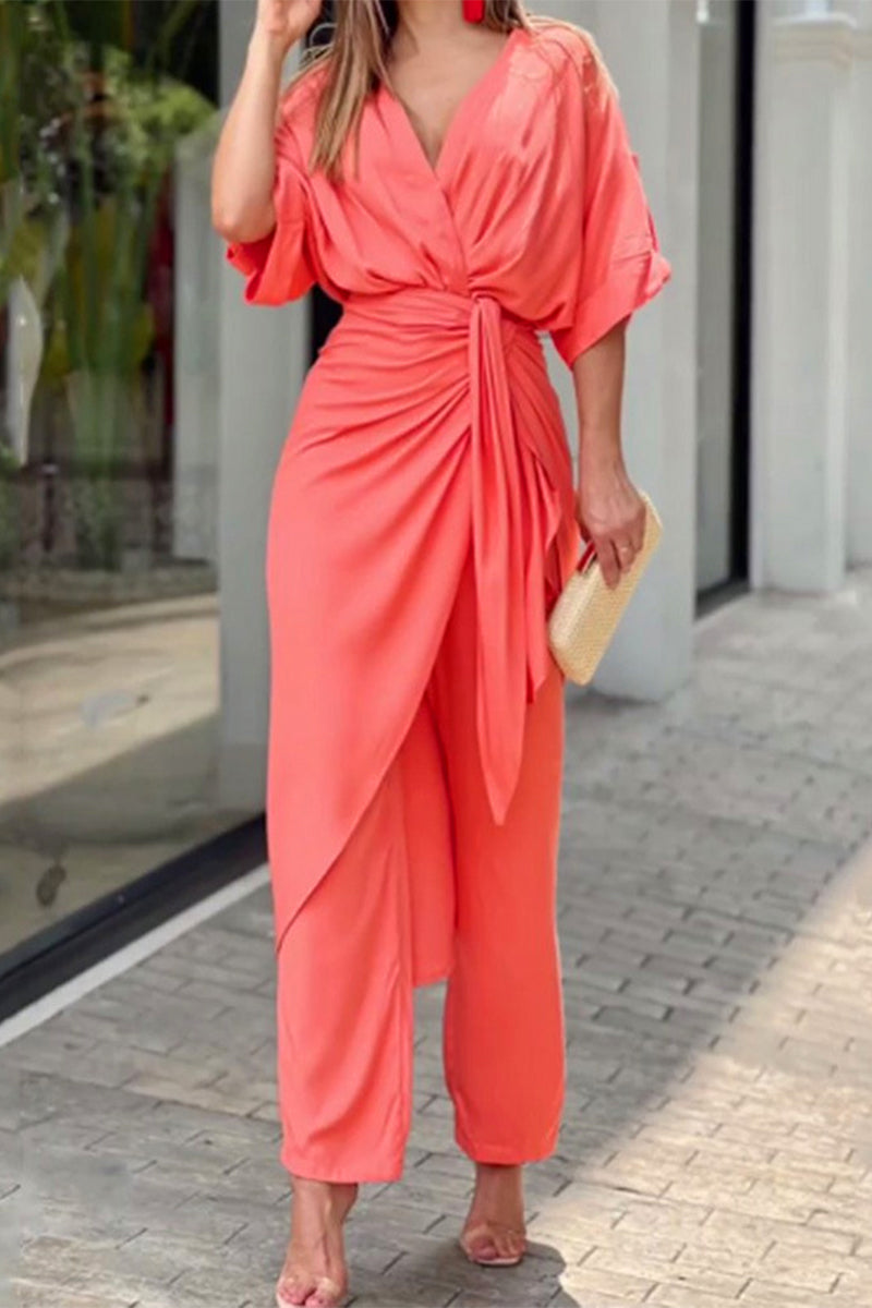 Johana | Casual solid color regular jumpsuits with frenulum and V-neck