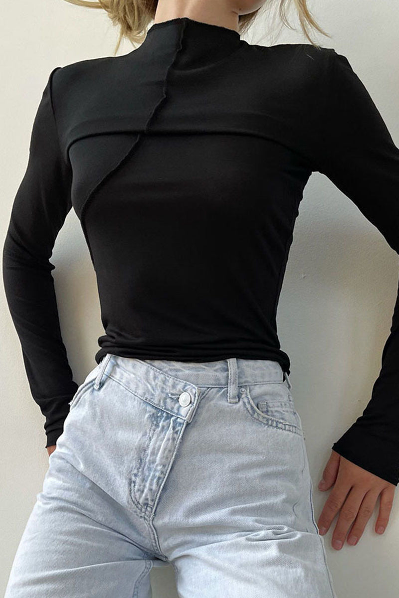 Nancy | Casual plain solid color half turtleneck tops
