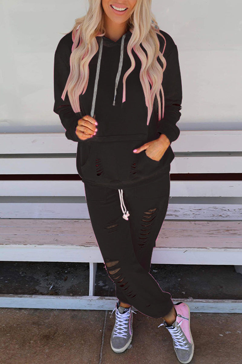 Norma | Casual solid ripped pocket, hooded collar, long sleeves, two-piece