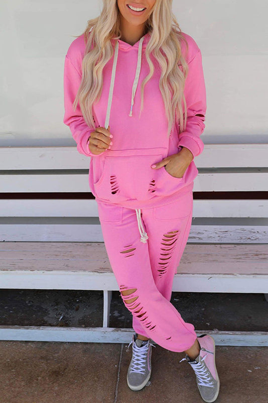 Norma | Casual solid ripped pocket, hooded collar, long sleeves, two-piece
