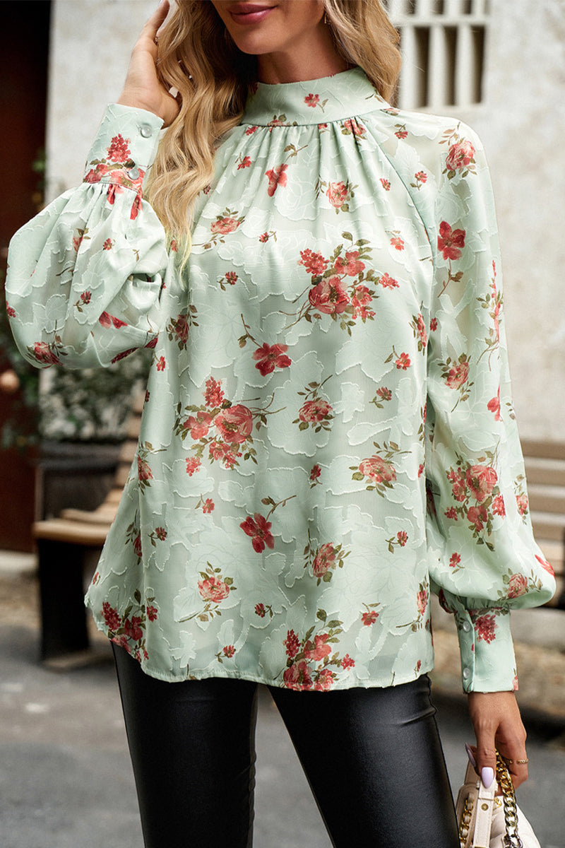 Brina® | Elegant Floral High Neck Long Sleeve Blouse
