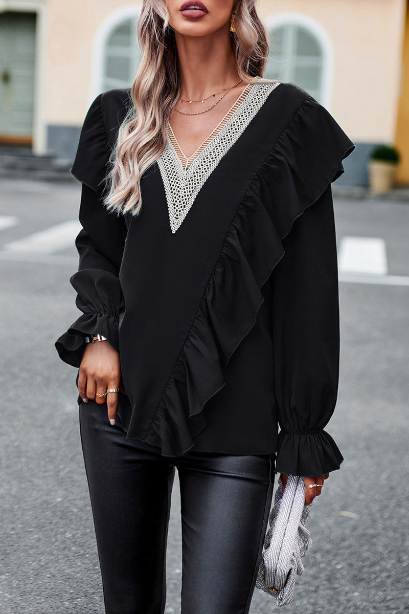 Gia® | Elegant Loose V-Neck Long Sleeve Ruffle Blouse