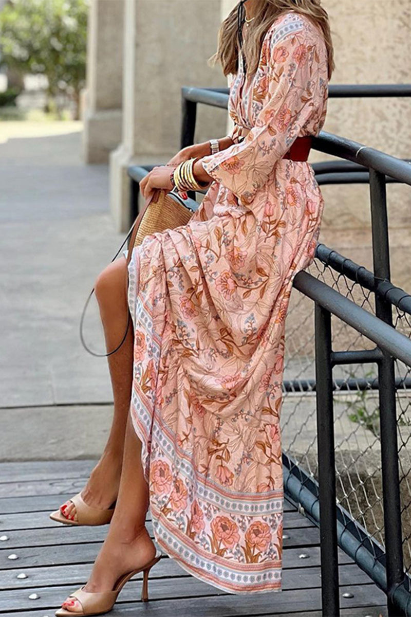 Rocio | Bohemian floral belted V-neck A-line dress