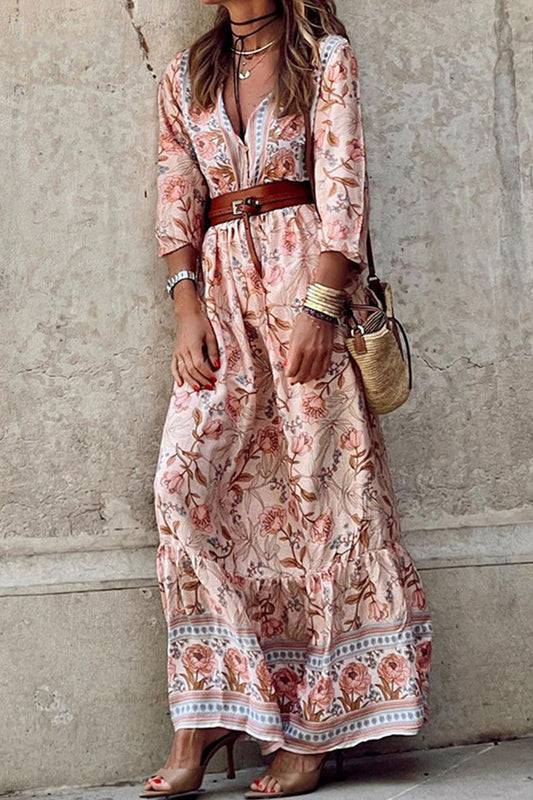 Rocio | Bohemian floral belted V-neck A-line dress