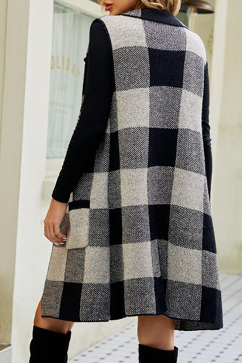 Simona | Elegant tops with checked patchwork pocket turn-down collar