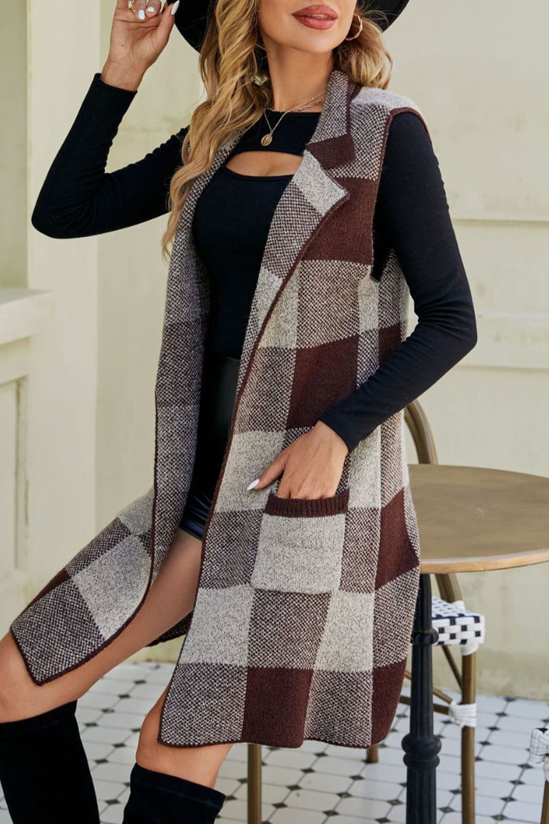 Simona | Elegant tops with checked patchwork pocket turn-down collar