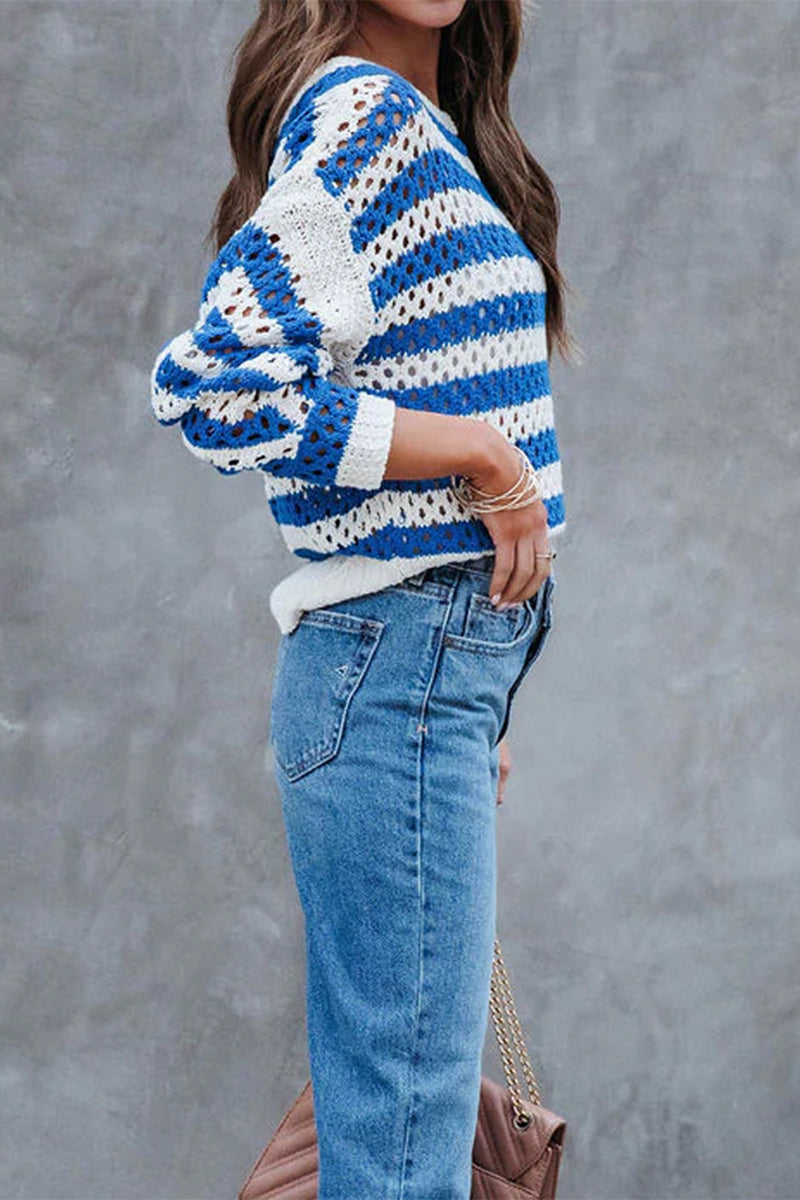 Salomé | Casual striped tops with hollow out O-neck
