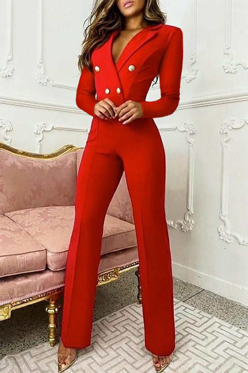 Selena | Elegant regular jumpsuits with solid color buttons and lapel collar