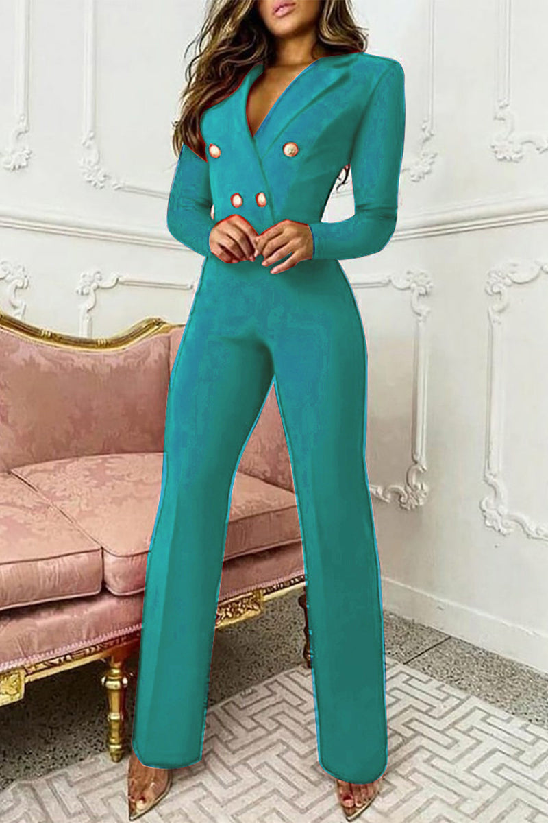Selena | Elegant regular jumpsuits with solid color buttons and lapel collar