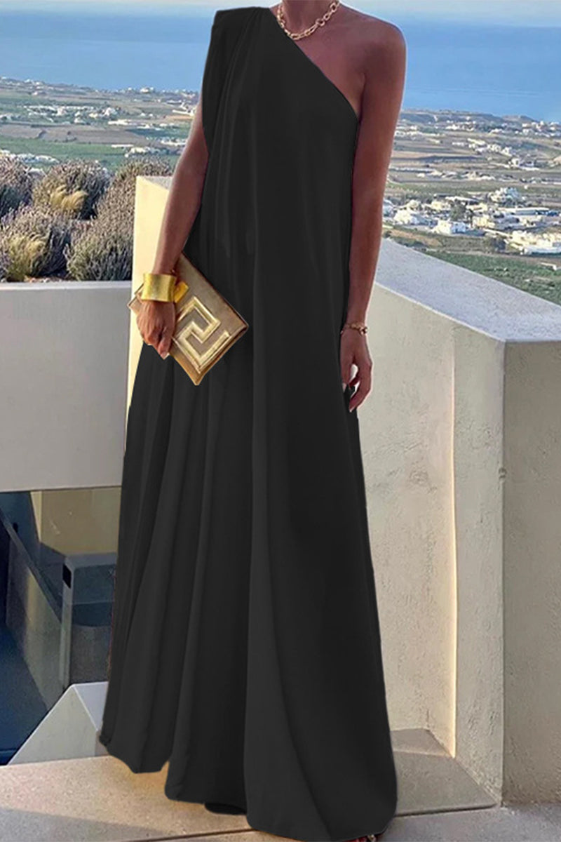 Thalia | Elegant, simple, solid, asymmetrical evening dresses with a slanted collar