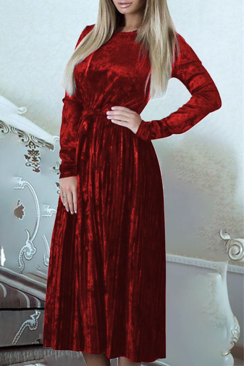 Adela | Solid color pleated dresses with frenulum O-neck