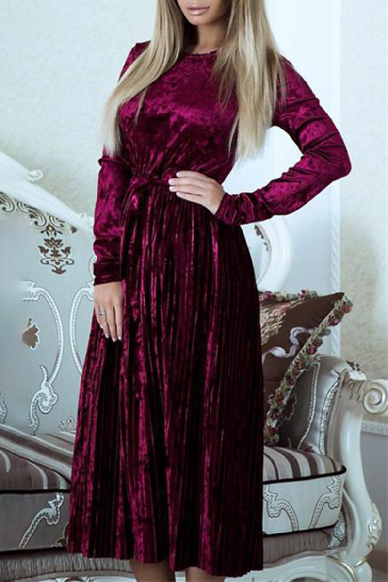 Adela | Solid color pleated dresses with frenulum O-neck