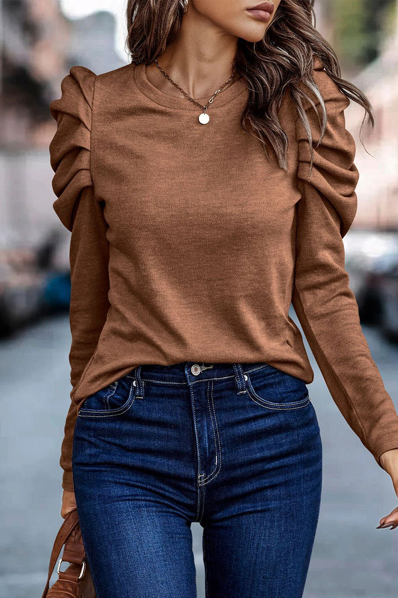 Alba | Casual solid color O-neck pleated tops